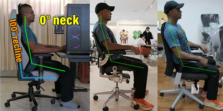 Healthy posture side views in three different ergonomic desk chairs