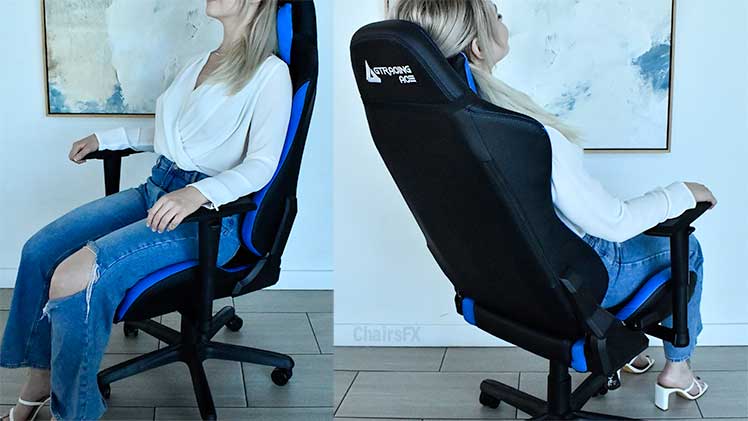 Front and rear views of woman sitting in a GTRacing Ace S1 Series gaming chair