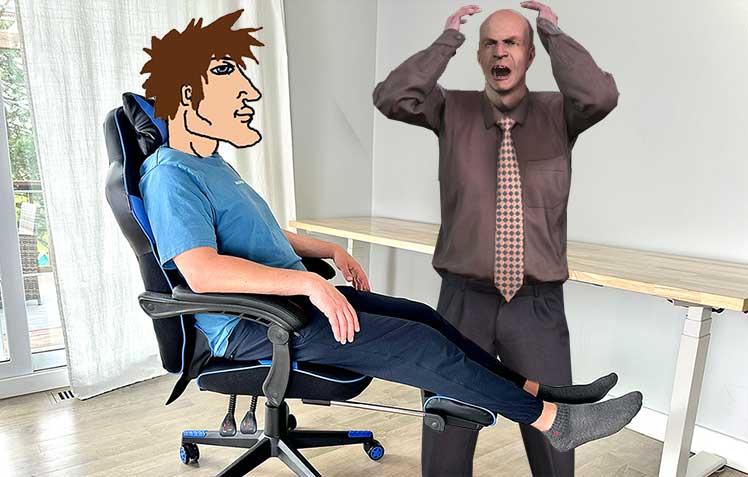 Chad in a footrest gaming chair vs angry office chair salesman