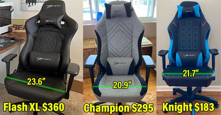 E-Win gaming chairs with flat, wide seats