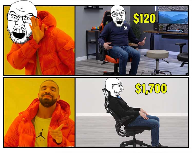 Meme showing how office chair salesmen hate GTRacing gaming chairs