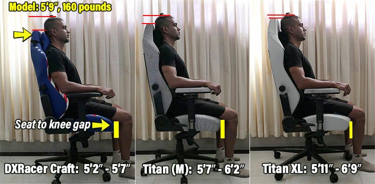 Average sized person in small, medium, and XL gaming chairs