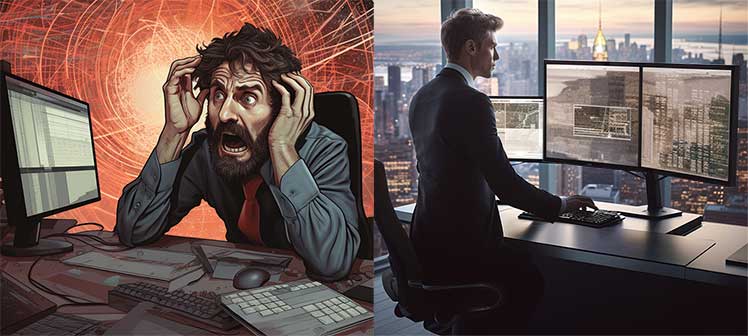 Frustrated vs productive employees processing big-data AI
