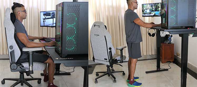 Magnus Pro sitting and standing desk poses