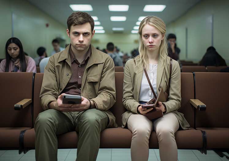 Sick Millennial couple in a hospital waiting room