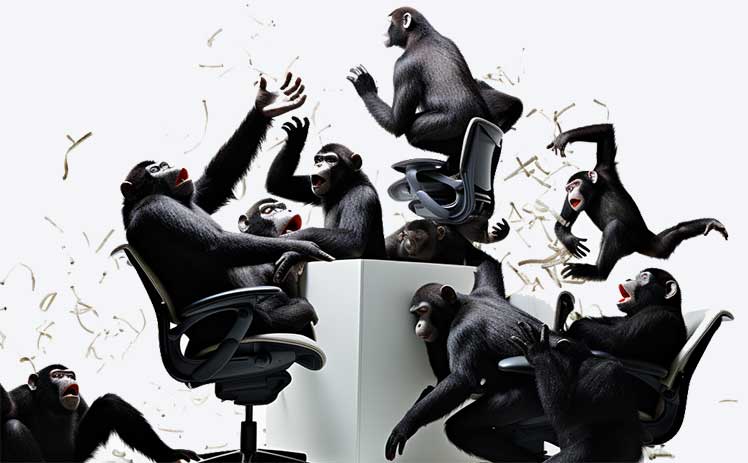 Monkeys sitting in ergonomic office chairs
