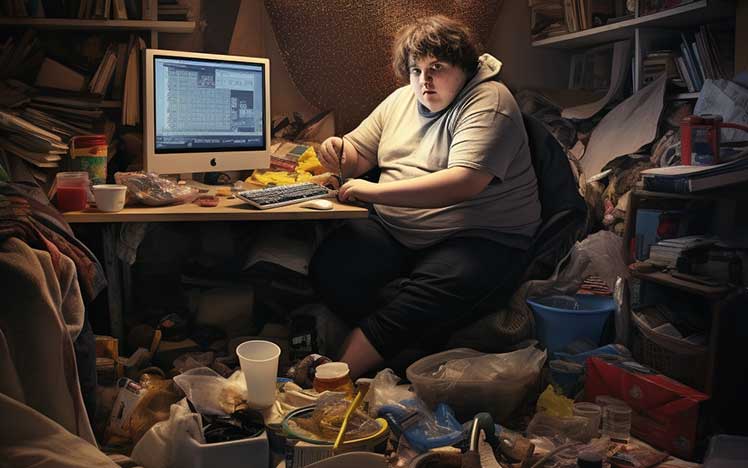 Overweight teen gamer in a messy, dirty room