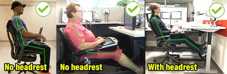 Office chair postures with and without using a headrest