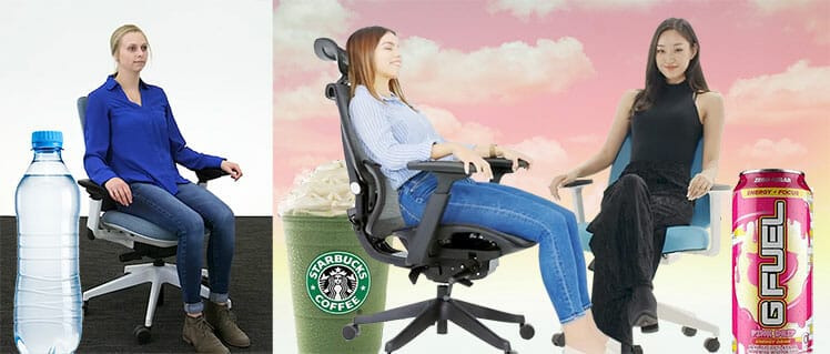 Three petite women modeling small office chairs