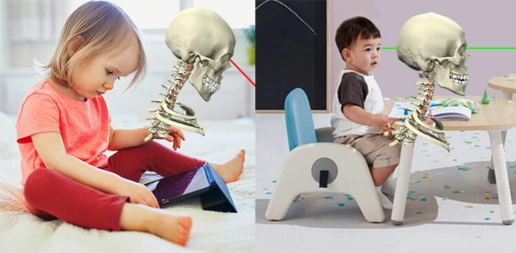 Child mobile computing with poor posture versus a child using ergonomic furniture for kids. 
