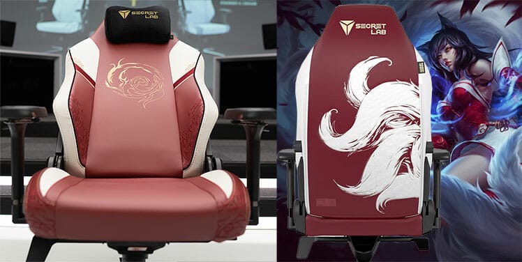 League of Legends Ahri gaming chair front and rear views