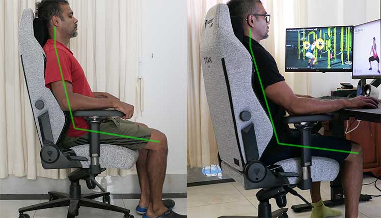 Side poses of man sitting with good posture in a Titan Evo chair