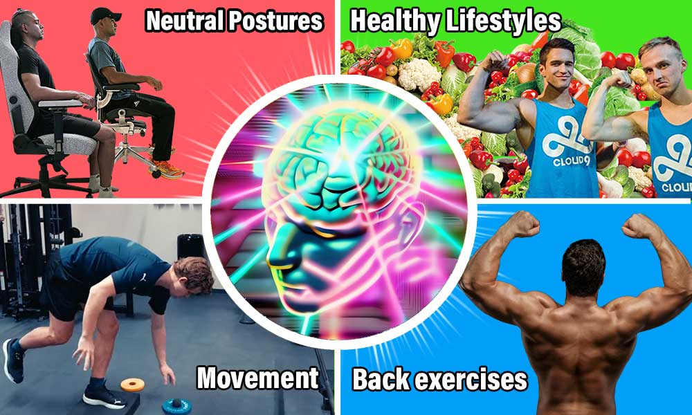 Healthy desk work blueprint in a grid of four images: neutral postures, healthy lifestyles, and sleep for peak mental performance