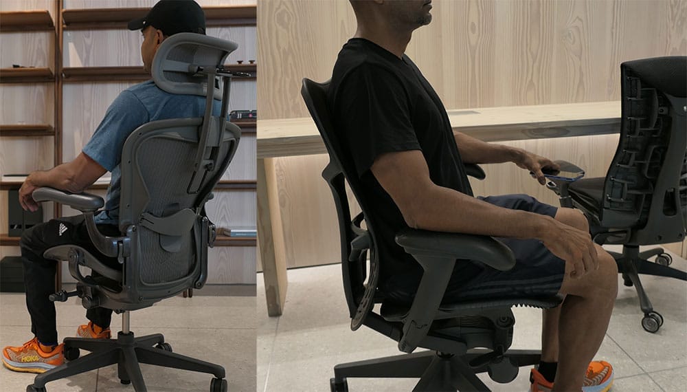 Man sitting in Herman Miller Aeron with headrest and Herman Miller Mirra 2 chair