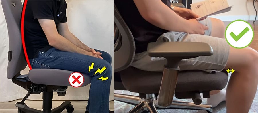 Office chair seat depth: too deep vs proper depth