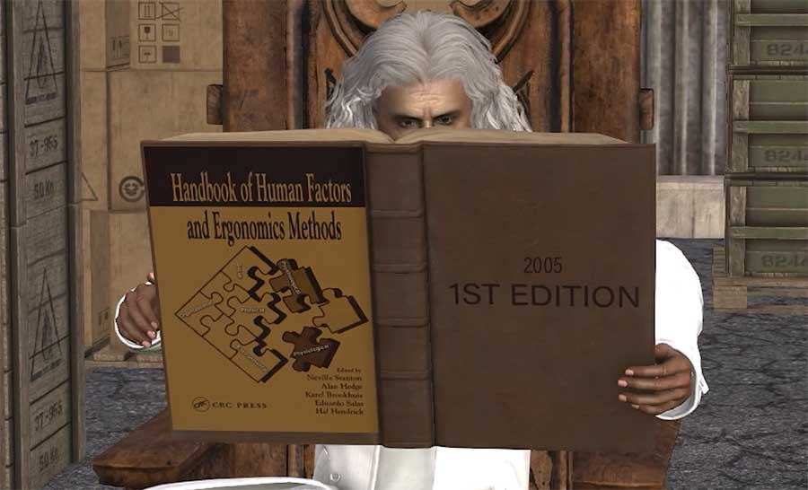Illustration of a white-haired figure reading the Handbook of Human Factors and Ergonomics Methods, 1st Edition (1995), symbolizing foundational ergonomics research and early institutional standards.