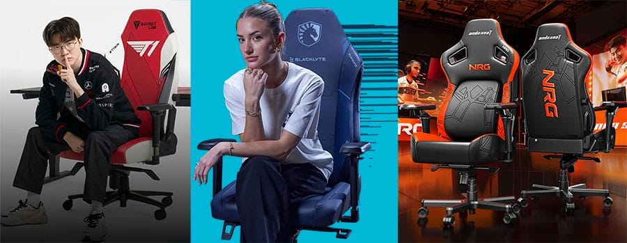 Three official esports team gaming chairs shown side by side: a Secretlab Titan Evo used by T1, a Blacklyte Athena Pro for Team Liquid, and an AndaSeat Kaiser 4 branded for NRG Esports.