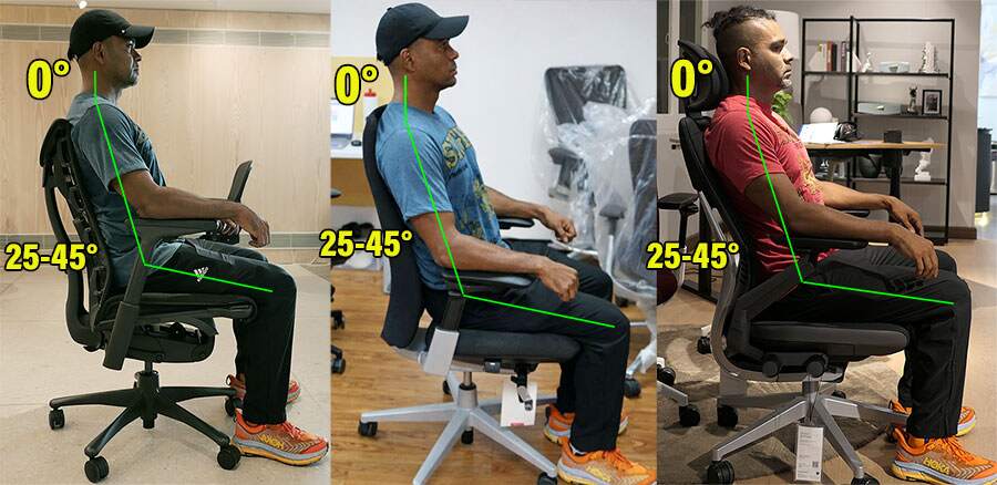 Side-view comparison showing clean neutral sitting posture in a Herman Miller Embody, Haworth Fern, and Steelcase Gesture chair, with spine and joint angles annotated.