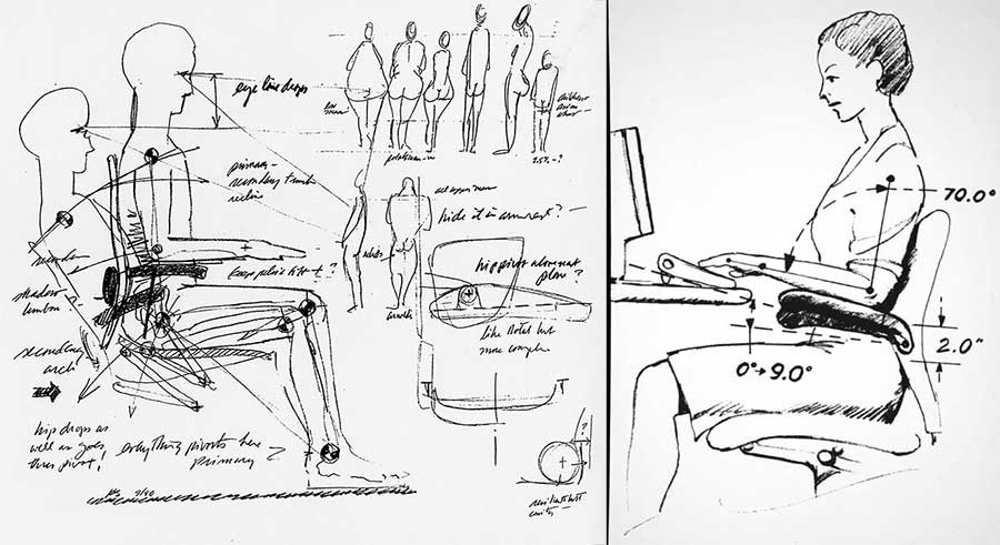 Hand-drawn ergonomic sketches showing early Aeron chair concepts, with annotated spinal curves, joint angles, and seated neutral posture geometry used to guide posture-adaptive office chair design.
