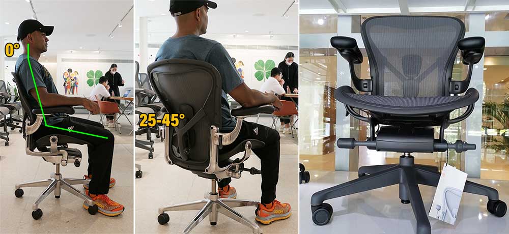 Man sitting in Aeron chair from side and angled rear views