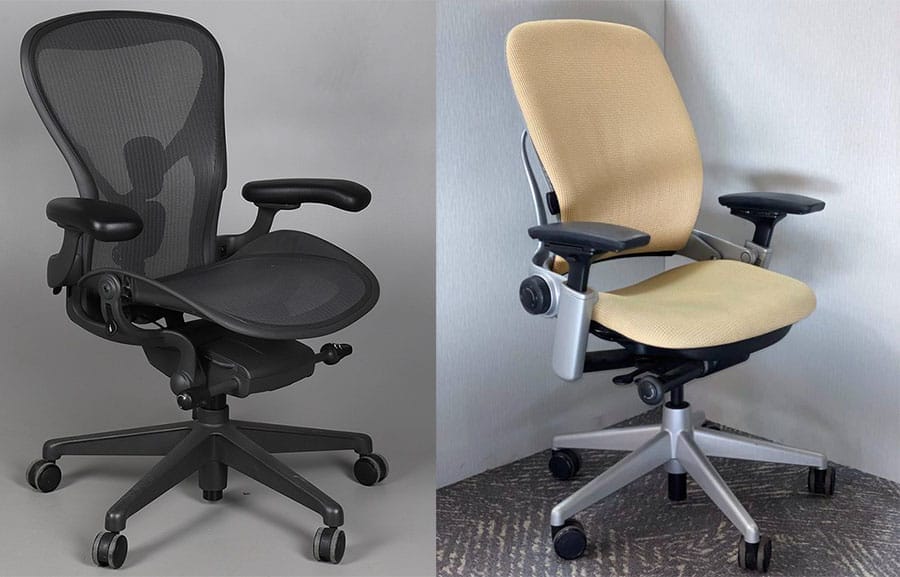 Side-by-side view of a Herman Miller Aeron chair with a mesh seat and pronounced front edge next to a Steelcase Leap chair with a padded fabric seat and smoother seat contours.