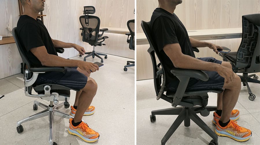 Side view comparison of Herman Miller Aeron and Mirra 2 chairs, highlighting differences in seated posture and back support
