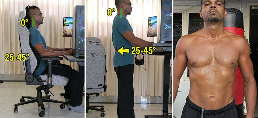 Side-by-side image of the article’s author seated in a neutral ergonomic posture at a computer and standing shirtless post-workout, illustrating how posture and physical fitness work together for long-term back health and performance.
