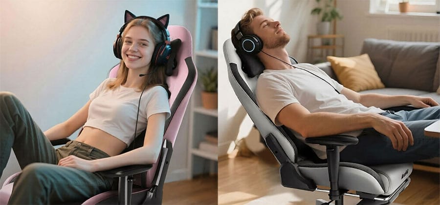 Man and woman relaxing in Autofull C3 gaming chairs
