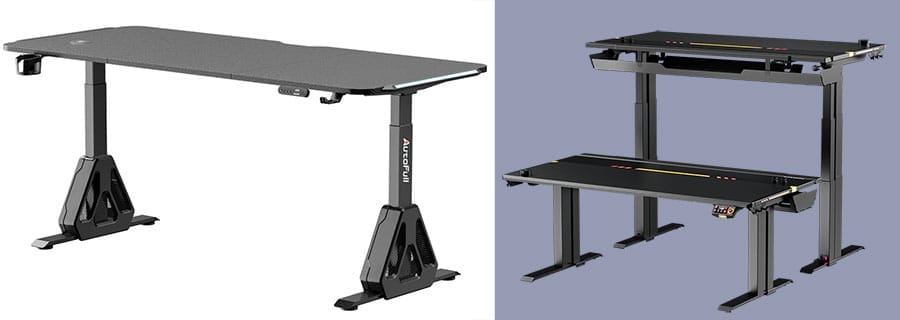 Side-by-side view of two height-adjustable gaming standing desks: the Autofull A4 Pro on the left and the DXRacer Triton Series on the right, both featuring motorized lift frames and full-size desktop surfaces.