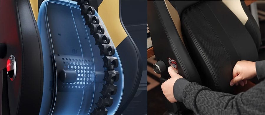 Close-up view of the AutoFull M6 Ultra 2.0 chair’s adjustable lumbar mechanism, showing height and depth controls designed to adapt to user movement.