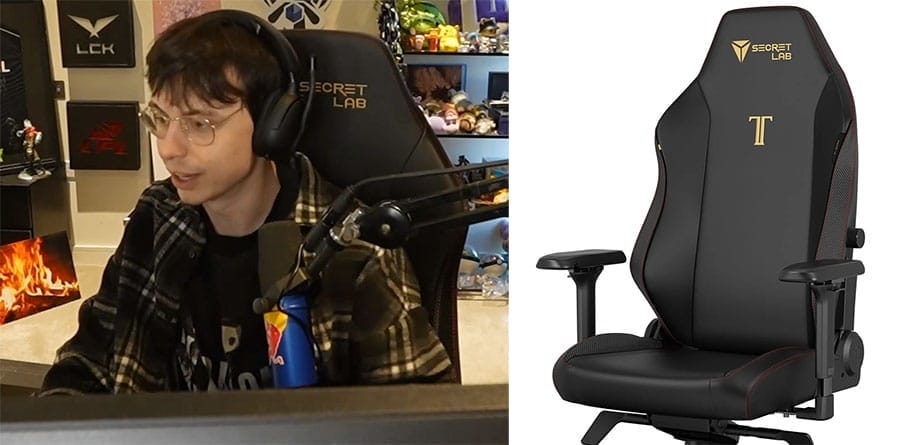 Caedrel wearing headphones and glasses while streaming at his desk, sitting in a Stealth Secretlab Titan Evo gaming chair with gold detailing.