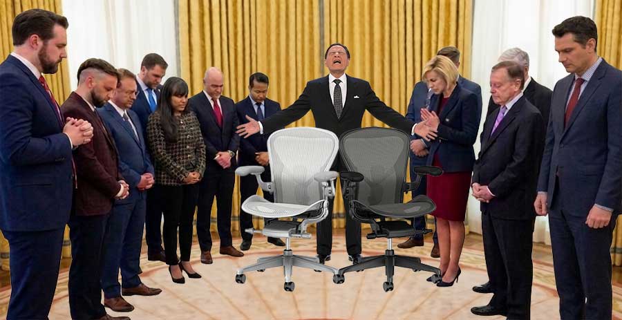 A group of professionally dressed men and women stand in a semi-circle with heads bowed in a solemn, prayer-like stance. In the center, two high-end ergonomic mesh office chairs (one black, one light gray) are positioned on a Presidential seal rug. Behind the chairs, a man in a dark suit stands with his arms outstretched and mouth open as if mid-exhortation. The background features ornate yellow curtains and a formal office setting.