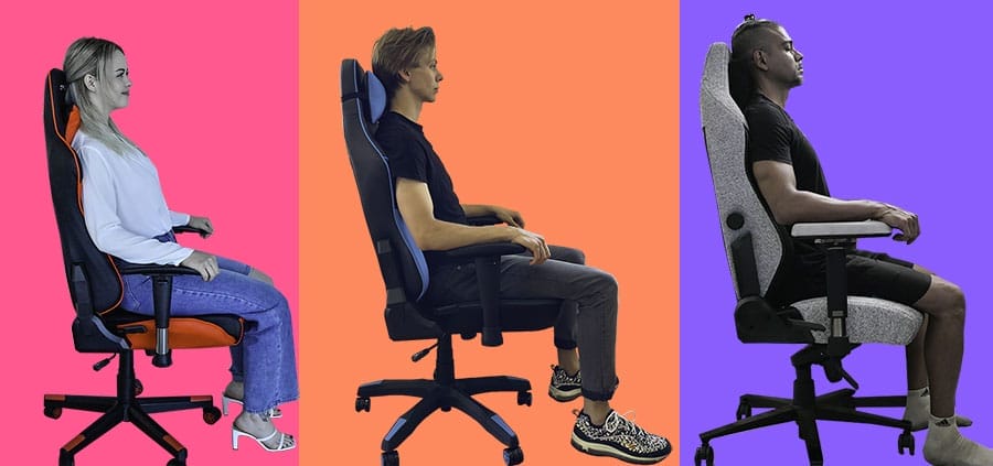 Three people sitting with clean neutral postures in cheap and expensive gaming chairs