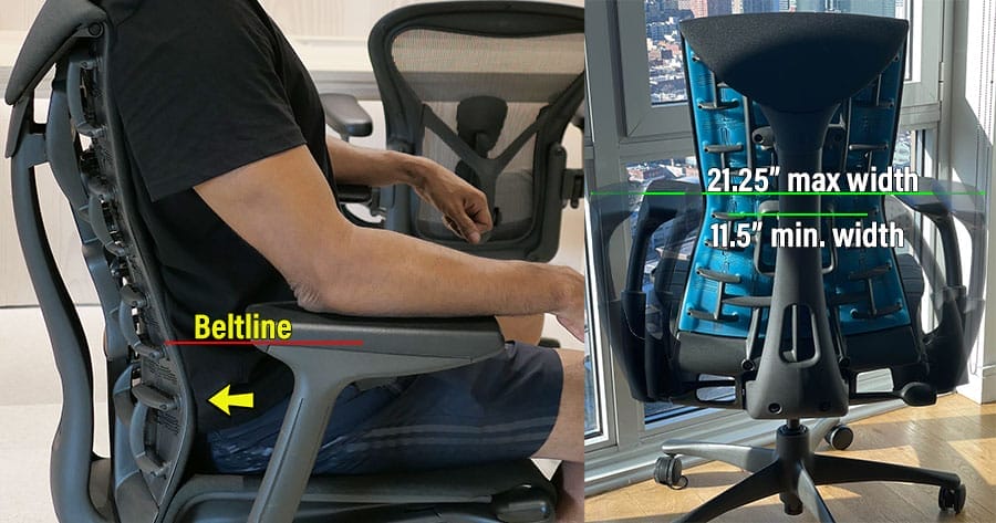 Herman Miller Embody chair showing fixed-height lumbar support and unusually wide 2D armrest adjustment