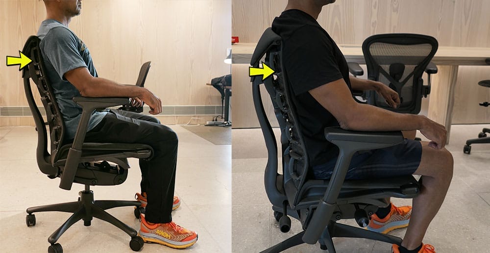 Side-by-side images of a person seated in a Herman Miller Embody chair, highlighting the adjustable upper and lower back support system from a side profile.