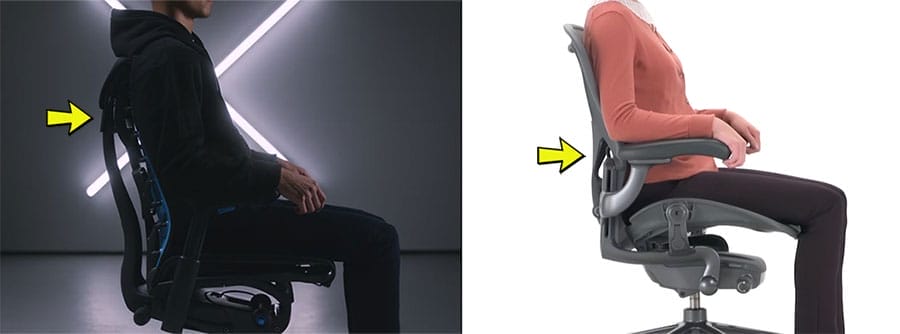 Side view comparison of Herman Miller Embody and Aeron chairs, highlighting differences in backrest curvature and seated posture support