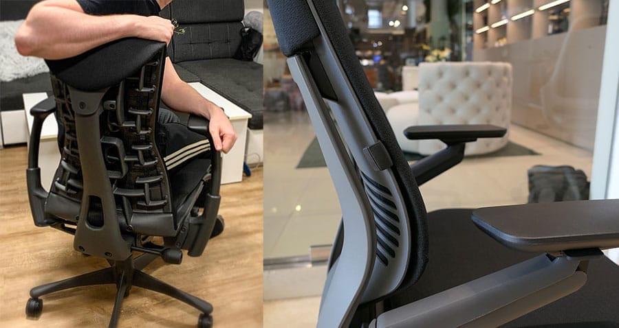 Side-by-side images comparing the backrest designs of the Herman Miller Embody and Steelcase Gesture chairs, highlighting the Embody’s segmented, highly flexible spine structure and the Gesture’s more structured backrest with integrated lumbar support and adjustable armrests.
