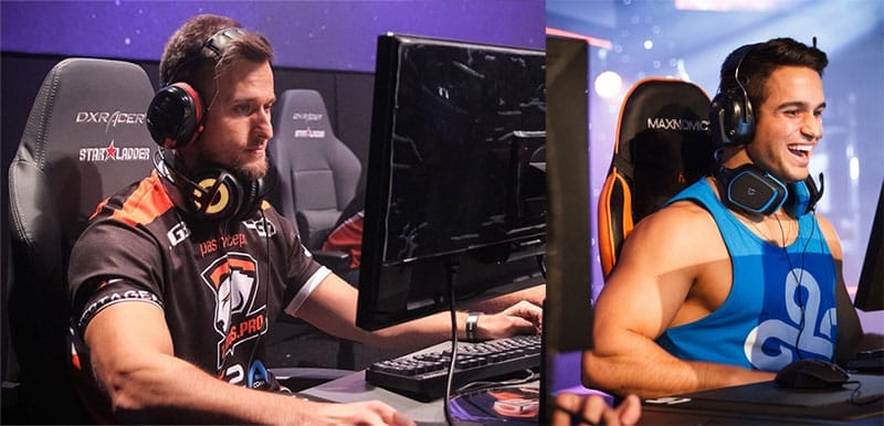 Two professional esports players seated at gaming stations during competition, illustrating how modern pros emphasize physical fitness and conditioning alongside ergonomic setups for performance.