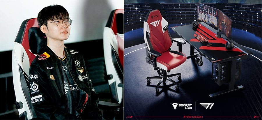 Faker sitting on a T1 gaming chair, while a full T1 chair and desk set shows next to him