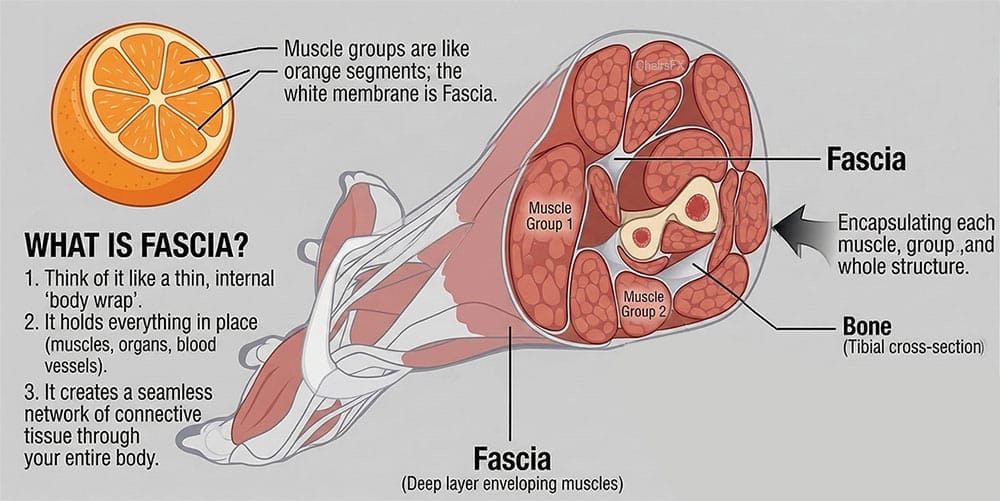 Anatomical infographic explaining fascia on a grey background. Left side shows a halved orange with the label "muscle groups are like orange segments; the white membrane is fascia," alongside three bullet points defining fascia as an internal body wrap that holds muscles, organs, and blood vessels in place. Right side shows a cross-section of the lower leg (tibial cross-section) with labels identifying the fascia, superficial fascia, intermuscular septa, bone, and two muscle groups.