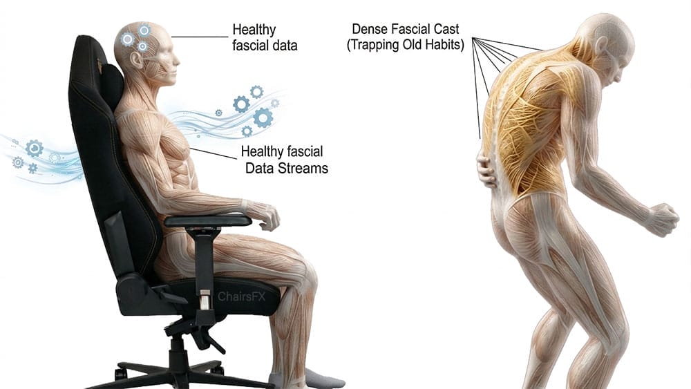 Anatomical illustration contrasting healthy fascial flow in an upright seated posture (left) versus dense, hardened fascia caused by chronic poor posture (right).