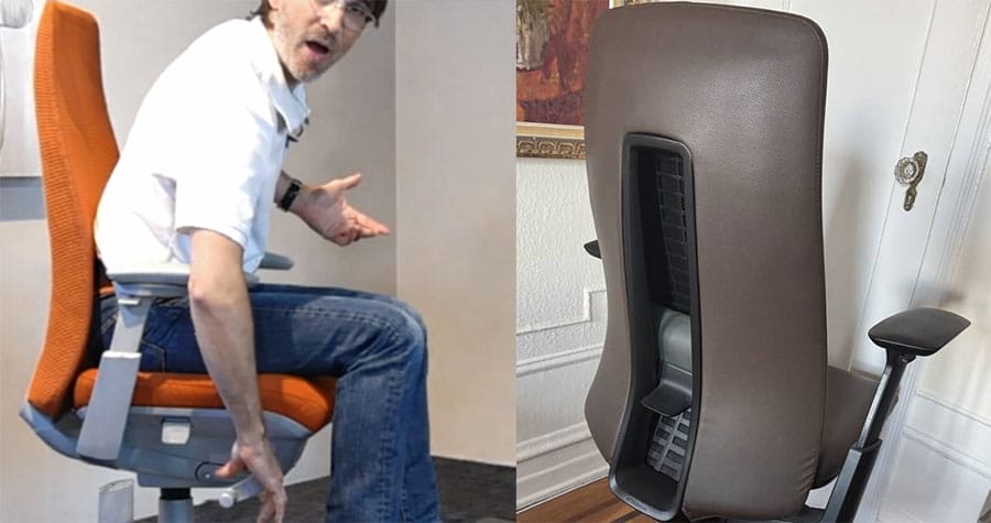 Side-by-side images showing a person seated in a Haworth Fern chair with orange fabric and a rear view of the backrest, highlighting the low position of the built-in lumbar curve and the height-adjustable lumbar mechanism that can feel overly aggressive.
