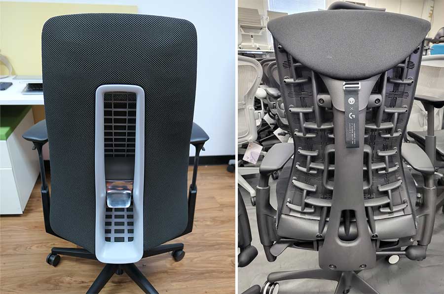 Rear view comparison of a Haworth Fern chair and a Herman Miller Embody chair, showing their flexible backrest structures designed to follow the user’s spine during movement.