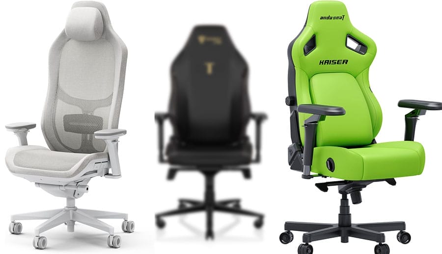 Side-by-side comparison of the Fractal Refine, Secretlab Titan Evo, and AndaSeat Kaiser 4 gaming chairs shown from the front.