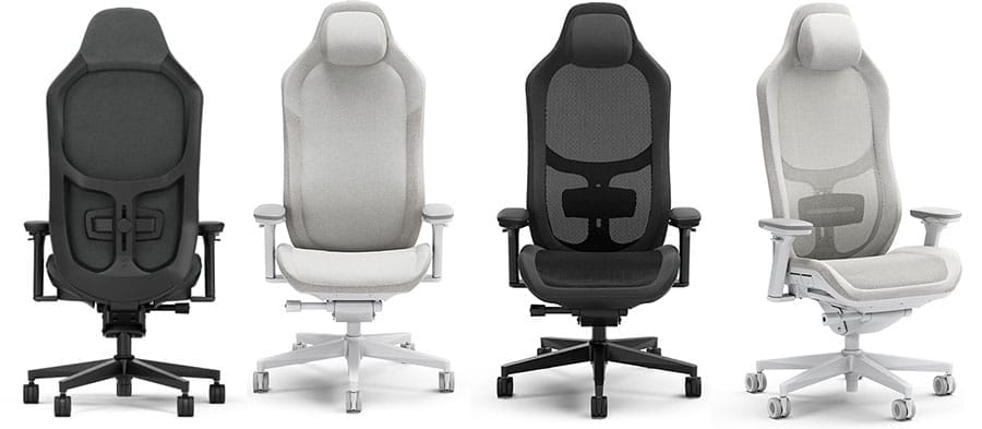 Front view lineup of Fractal Refine chairs in fabric and mesh variants, showing a hybrid design that combines gaming chair styling with ergonomic office chair features.