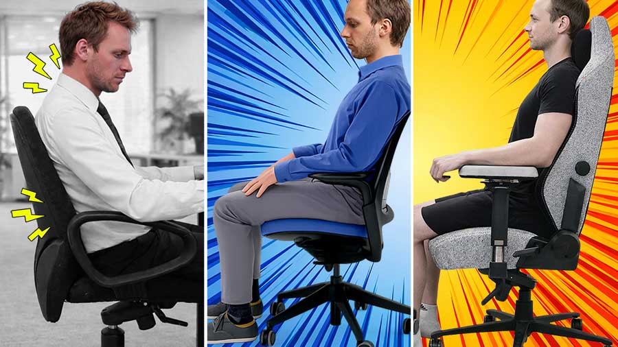 Side-by-side comparison of three seated men: left slouching in a standard non-ergonomic office chair, center sitting neutrally in an ergonomic office chair, and right reclined in a gaming chair with full back support.