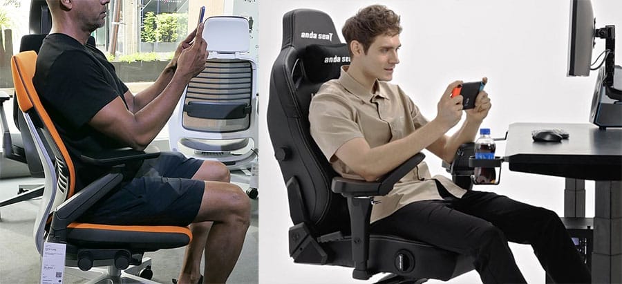 Side-by-side comparison showing a Steelcase Gesture and an AndaSeat Kaiser 4 chair, highlighting modern multi-axis armrests that better support phone and handheld device use.