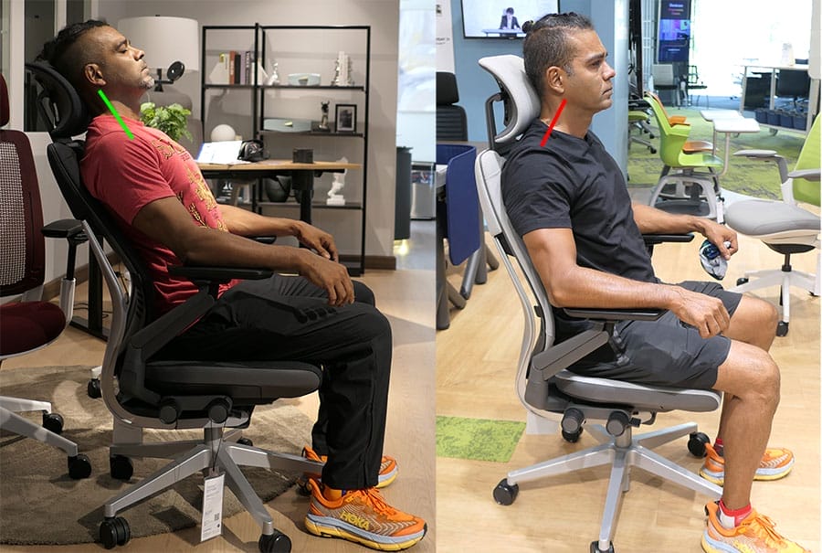 Side-by-side images of a Steelcase Gesture chair with headrest, showing neutral neck alignment in recline and slight forward head tilt when sitting upright.