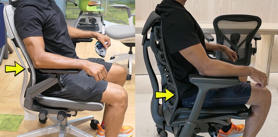 Side-by-side images comparing lumbar support in the Steelcase Gesture and Herman Miller Embody chairs, with arrows highlighting how the Gesture’s adjustable lumbar aligns with the lower back of a 5'9" user, while the Embody’s built-in lumbar curve sits lower than ideal.