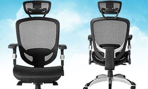 Front and rear views of the Staples Hyken ergonomic mesh office chair, showing its breathable mesh backrest, headrest, and height-adjustable armrests.